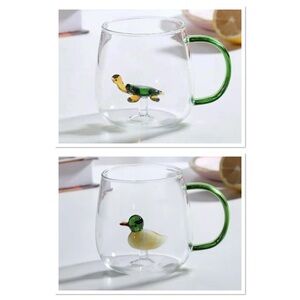 2-3D Glass Turtle & Duck in Clear Glass Mug/Cup  NWT